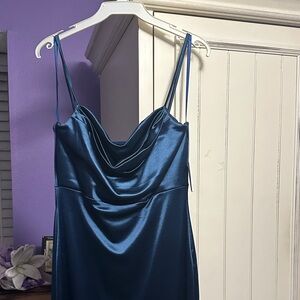 Elegant Blue Satin Dress with high slit